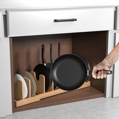 Pots and Pans Organizer Under Cabinet,Bamboo Pot Lid Organizer - Image 7