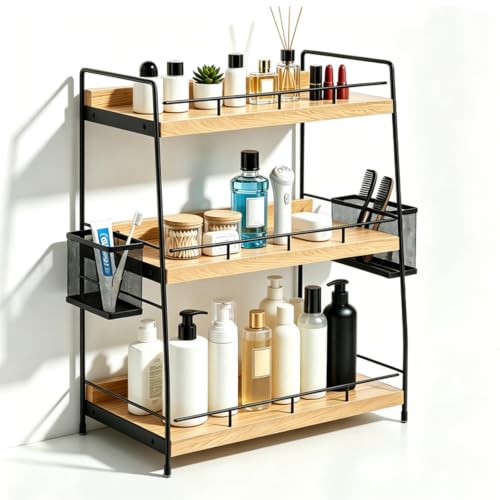 Wood 3 Tier Bathroom Counter Organizer with Side Baskets Fits - Image 2