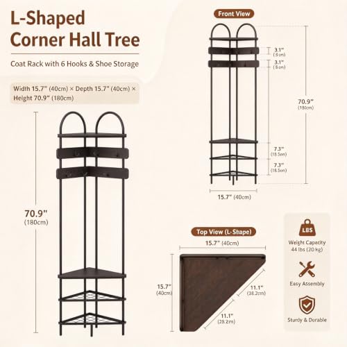 Corner Hall Tree for Entryway, Coat Rack with Shoe Storage - Image 3