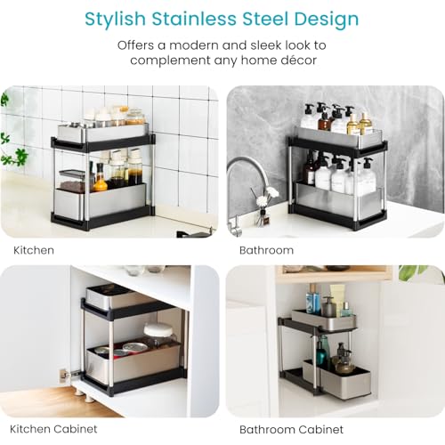Home Zone Living 2-Tier Stainless Steel Cabinet Pull Out - Image 6