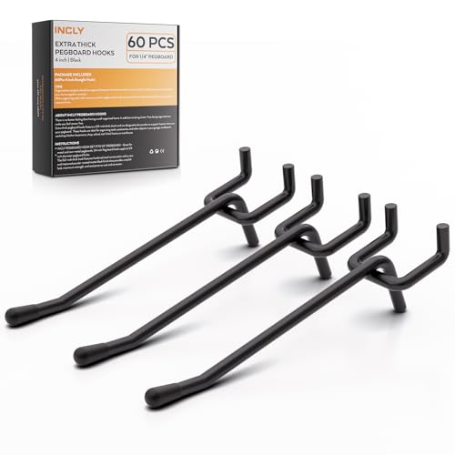 INCLY 60 Pack 4 Inch Black Pegboard Hooks, 1/4" Heavy Duty - Image 2