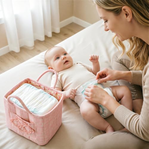 Quilted Fabric Car Storage Basket with Handles & Pocket - Image 3