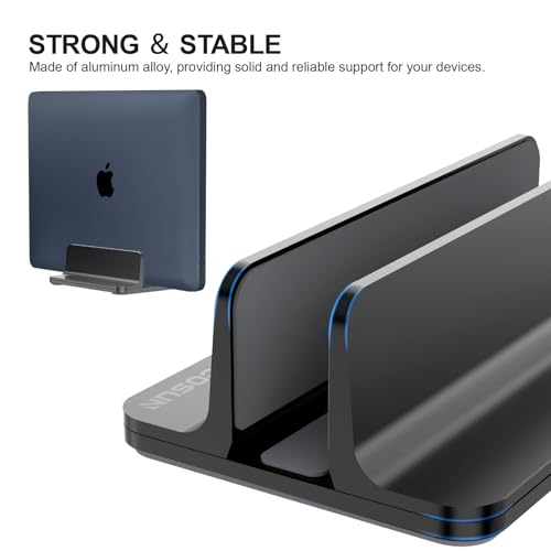 YICOSUN Aluminum Vertical Laptop Stand for Desk - Adjustable Width Dock for MacBook, Surface, Samsung, HP, Dell up to 17.3 inches - Space-Saving & Protective Design - Black