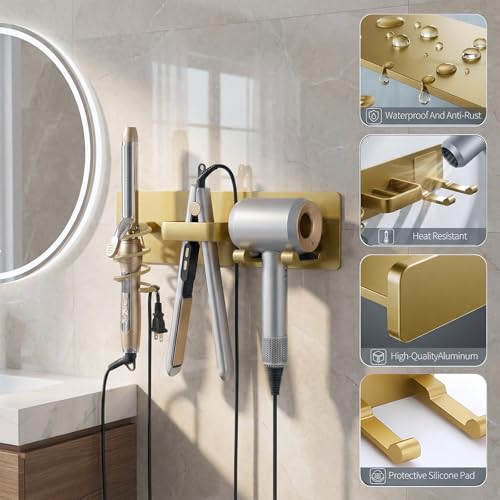 Hair Dryer Holder Hair Tool Organizer Metal Wall Mount (Gold) - Image 5