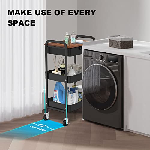 3 Tier Rolling Cart with Drawer, Metal Utility Cart with Table - Image 8