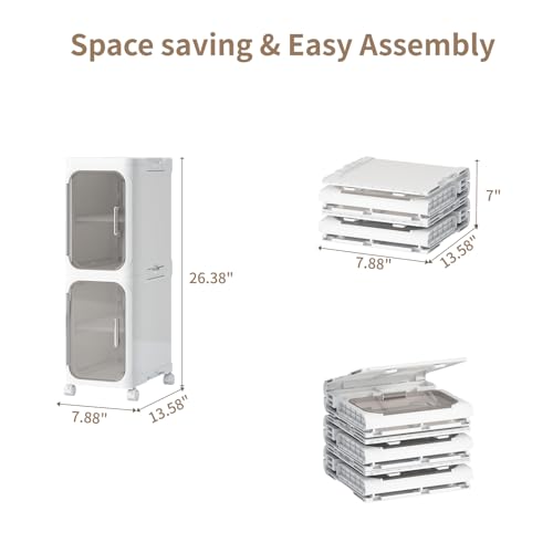 2 Tier Slim Bathroom Storage Cabinet, Foldable and Movable, White - Image 3