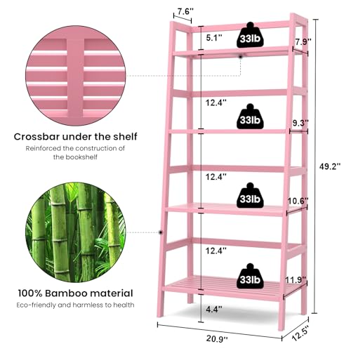 Pink Ladder Shelf, 4-Tier Bamboo Bookshelf & Bookcase Organizer - Image 4
