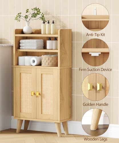 Rattan Small Bathroom Storage Cabinet with Open Shelf 2 Doors Oak - Image 5