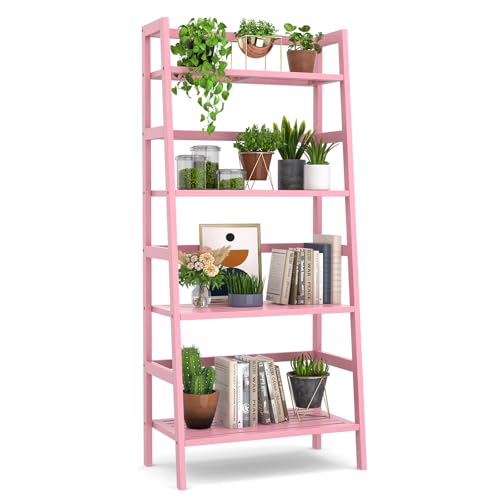 Pink Ladder Shelf, 4-Tier Bamboo Bookshelf & Bookcase Organizer - Image 2