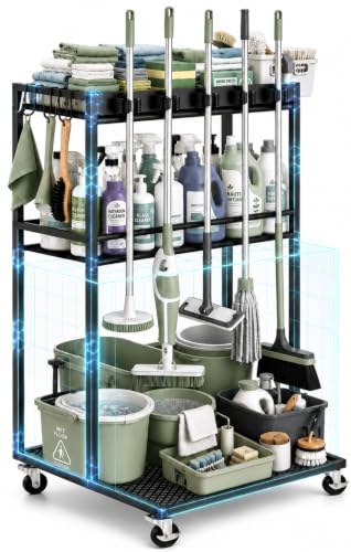 Cleaning Supplies Organizer Cart with Wheels, Broom and Mop - Image 2