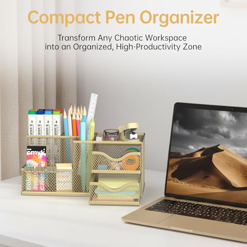 Mesh Desk Organizer with 2 Drawers, Metal Pen Holder for Desk - Image 5