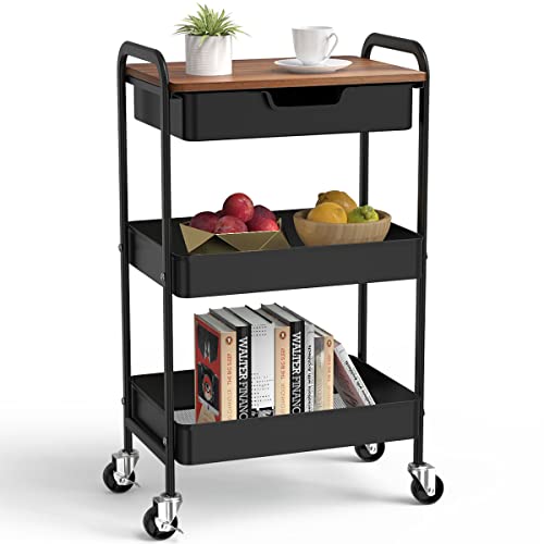 3 Tier Rolling Cart with Drawer, Metal Utility Cart with Table - Image 2