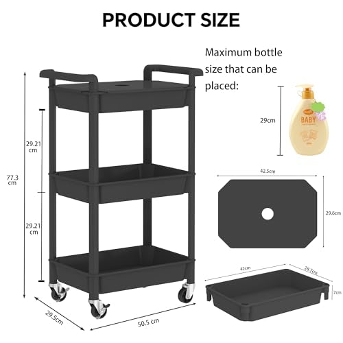 Steehoom 3-Tier Utility Rolling Cart with Cover Top Board, Mobile - Image 4