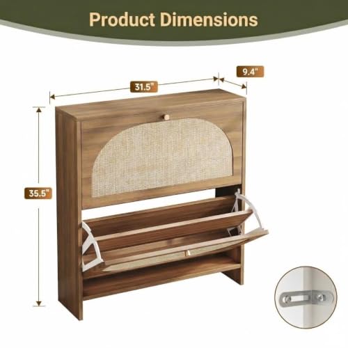 Rattan Shoe Cabinet with 2 Flip Drawers, Arched Accent - Image 3