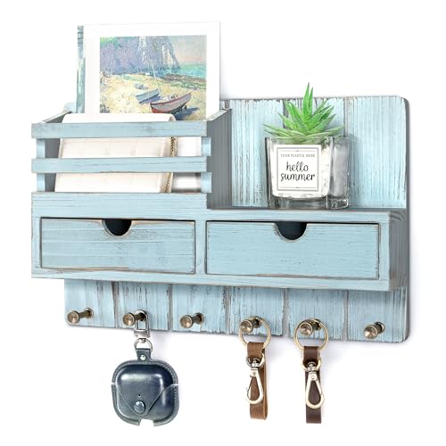 Key Holder Wall Mount with Shelf for Entryway, Distressed Blue - Image 2