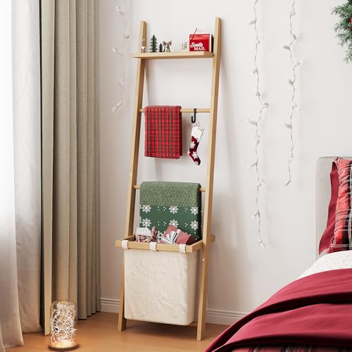 63" Bamboo Blanket Ladder with Shelf, Fabric Storage - Image 6