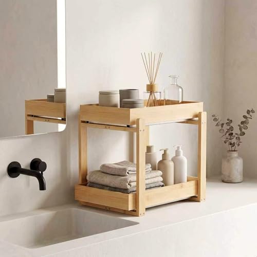 Bamboo Under Sink Organizer Adjustable Height 2 Tier Bathroom - Image 6