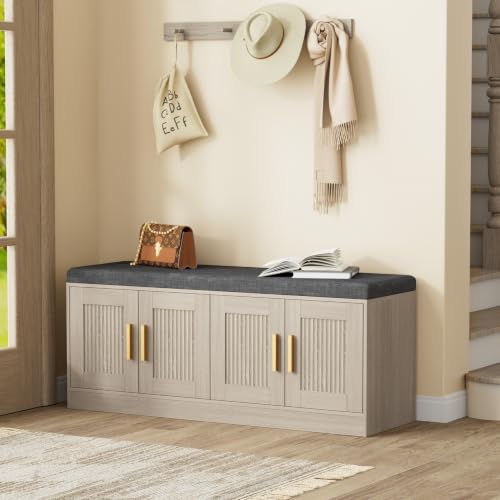 Fluted Shoe Storage Bench with 4 Doors & Thickened Cushion - Image 2