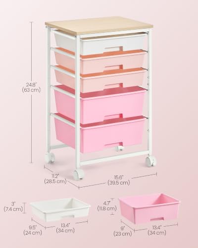VASAGLE Rolling Cart with Drawers,5 Drawers Storage Cart, Pink - Image 4