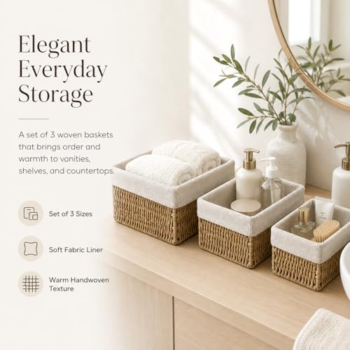 Wicker Storage Baskets Set of 3, Bathroom & Shelf Bins - Image 3