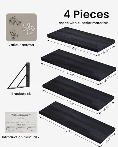 BAYKA Wall Mounted Black Floating Shelves for Wall (Set of 4, 16" - Image 5