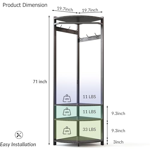 Corner Hall Tree with Shoe Bench & 6 Double Hooks, Space-Saving - Image 3