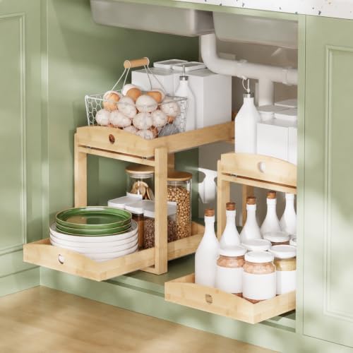 Bamboo Under Sink Organizer 2 Tier Pull Out Cabinet Storage - Image 3