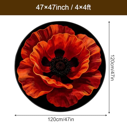 ANNA QUEEN Red Poppy Flower Round Area Rug 4ft,Washable Non-Slip - Image 3