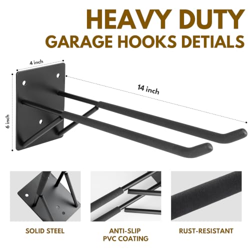 RECAPS 14" Heavy Duty Garage Hooks, 2 Pack Wall Mount | Garage Storage - Image 3