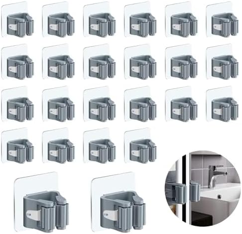 3-H 24-Pack Self Adhesive Broom Holder Wall Mount - Heavy Duty No Drill Broom Organizer for Garage Closet Kitchen, Plastic Storage Rack for Brooms Mops Tools, Peel and Stick Adhesive,Grey
