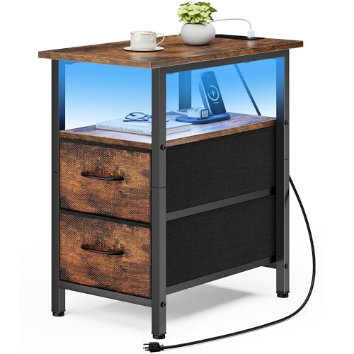Vagusicc Nightstand with Charging Station and LED Lights, Narrow - Image 2