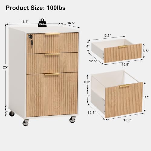 3 Drawers Fluted Mobile File Cabinet with Lock, Rolling - Image 3