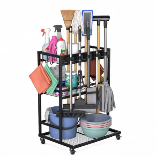 Cleaning Supply Organizer & Broom Holder, Cleaning Cart on Wheels - Image 2