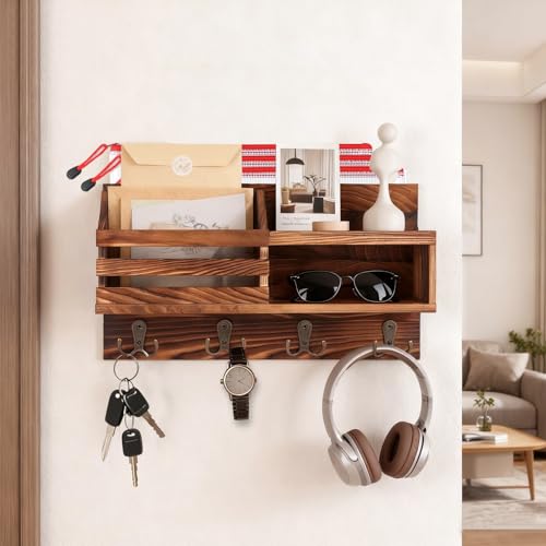 Solid Wood Key and Mail Holder for Wall, Brown - Image 3