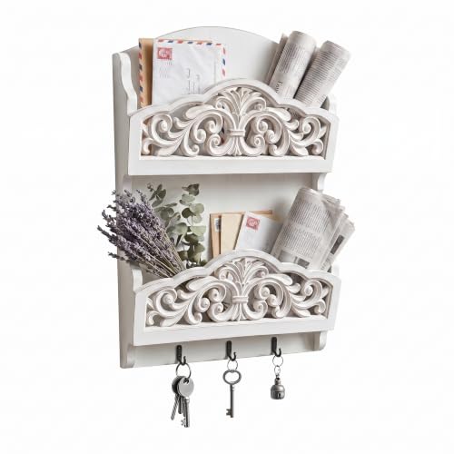 Rustic Key and Mail Holder, 2 Slot Wall Organizer with 3 - Image 2