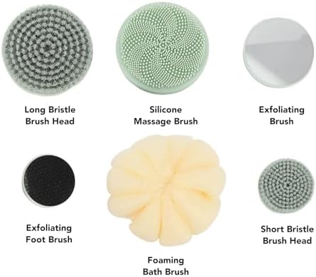 Rechargeable Electric Back Scrubber Body Brush with 3 Gears Multifunctional Shower Bathing Tool, Detachable Long Handle & 6 Brush Heads for Complete Shower Use - Light Green