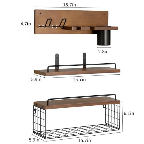 3-Tier Bathroom Floating Shelves with Hair Dryer Holder, Brown - Image 4
