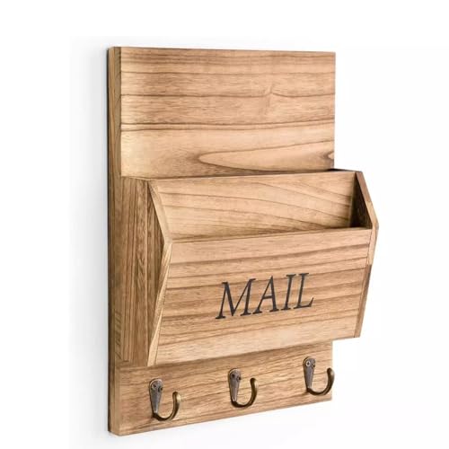 Rustic Wood Mail Organizer with Key Holder - Wall Mounted - Image 2