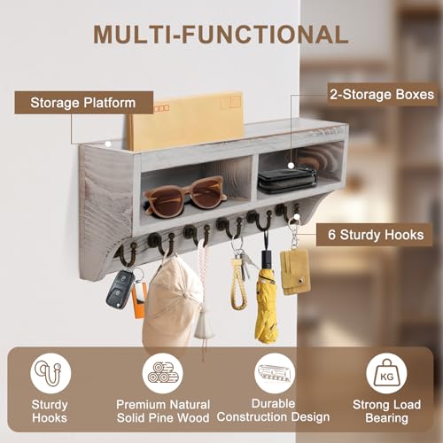 Key Holder Wall Mount with Mail Organizer, 6 Hooks & Shelf, White - Image 4