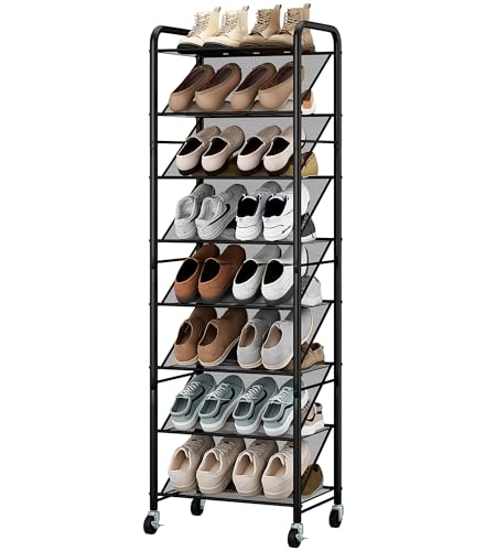 Double-Sided Narrow Shoe Rack with Lockable Wheels, 8-Tier - Image 2