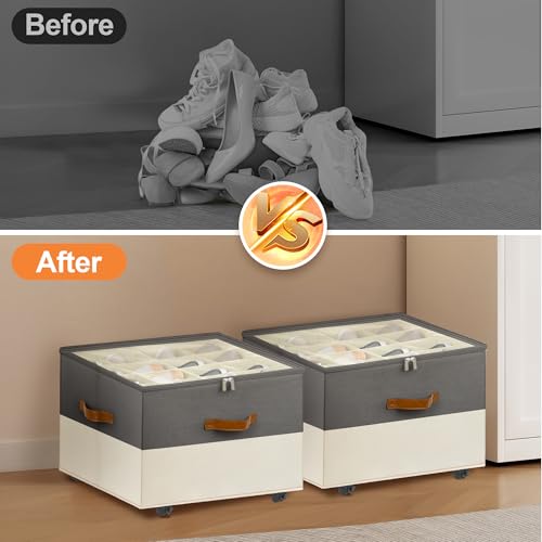 2 Pack Shoe Organizer for Closet, with Wheels, Beige and Grey - Image 7