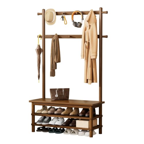 Solid Wood Hall Tree with Bench, Shoe Rack & 11 Hooks 35.5'' - Image 2