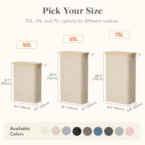 Lifewit 75L Slim Laundry Hamper with Lid and Removable Bag, Beige - Image 3