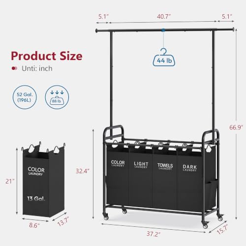 Tajsoon Laundry Sorter with Hanging Bar, 4 Section Laundry Hamper - Image 8