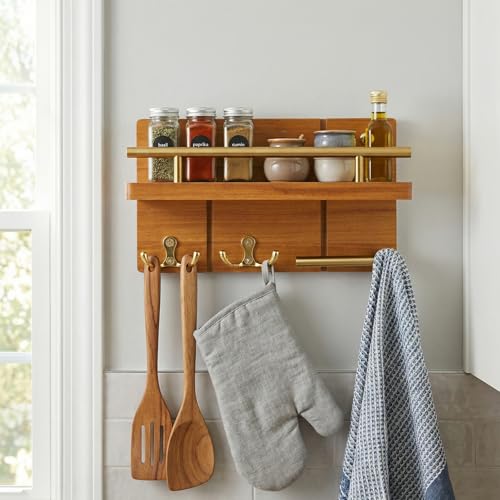 9.8” Solid Teak Wood Key Holder Wall Mount with Shelf and Hooks - Image 7