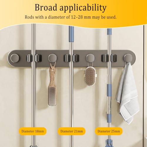 Wall Mount Mop and Broom Holder,3 Grippers 4 Hooks,Grey,No-Drill - Image 6