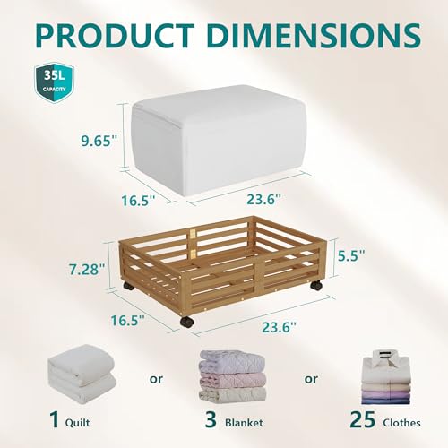 Bamboo Under Bed Storage with Wheels Rolling Underbed - Image 3