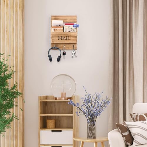 Rustic Wood Mail Organizer with Key Holder - Wall Mounted - Image 3