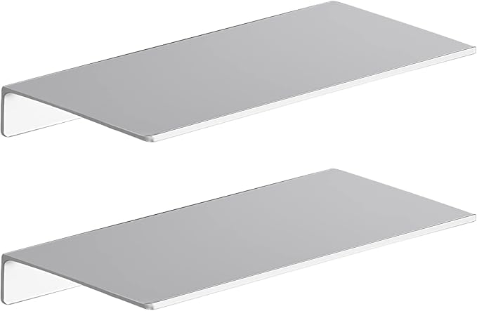 Danpoo Adhesive Floating Shelves for Wall Storage, Metal Wall Shelves for Living Room, Bathroom, Kitchen, 12” Small Display Shelves for Collectibles(Silver, 2 PCS)