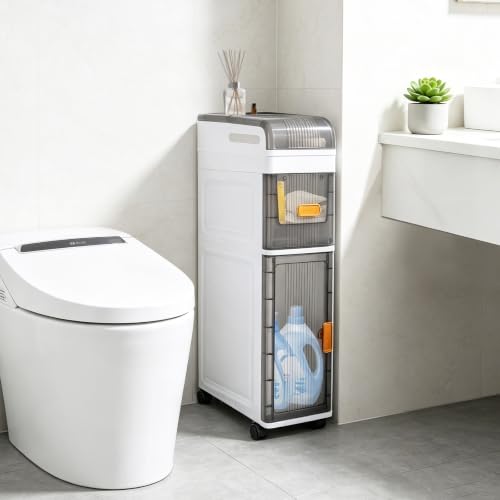 3-Tier Slim Bathroom Storage Cabinet, Narrow Rolling - Image 2